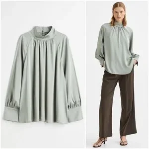 H&M Tops Sage Green Balloonsleeved Satin Blouse Poshmark